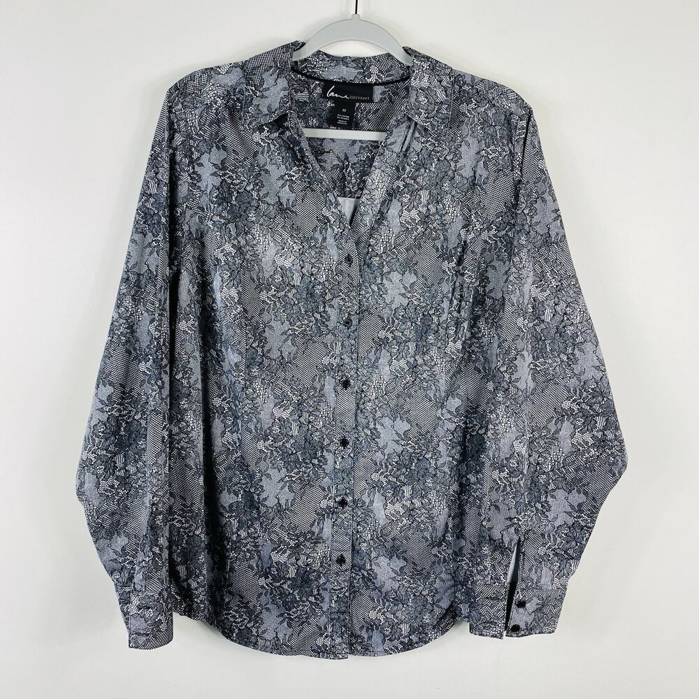 Lane Button Shirt 22 Lace Print Long Sleeve Black White Cotton Blend Top
